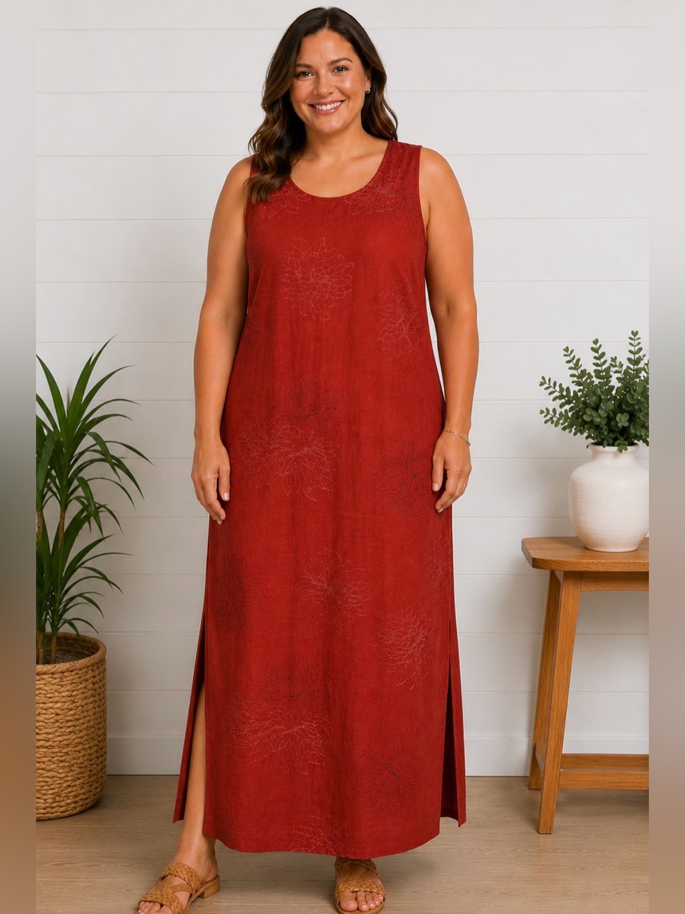 Venezia Jeans 100% Linen Maxi Dress Size 14/16 Rust Floral Embroidered Side Slit
